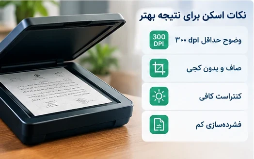 نکات اسکن برای OCR بهتر: وضوح ۳۰۰ dpi، بدون کجی، کنتراست کافی و فشردهسازی کم